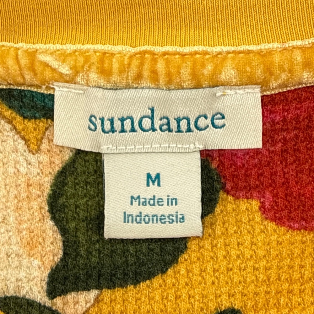 Sundance Floral Waffle Knit Thermal Top M Yellow Velvet Button Cuff Long Sleeve - Picture 5 of 8